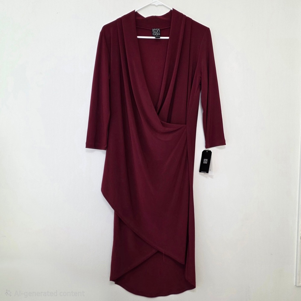 Clara Sun Woo Wrap Dress Womens S Burgundy‎ New DR600L Draped Tulip Hem Elegant